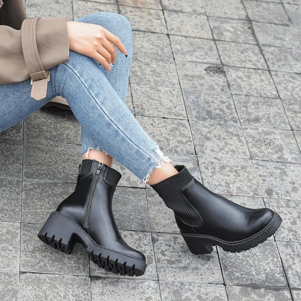 Women's Black Platform Chelsea Boots Lug Sole Chunky Heel Zipper Slip On